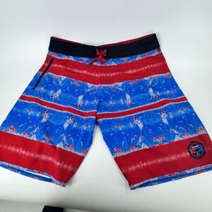 Pelagic Mens Board Shorts Size 36 Blue Red Stripe Fishing Print Swim Trunks